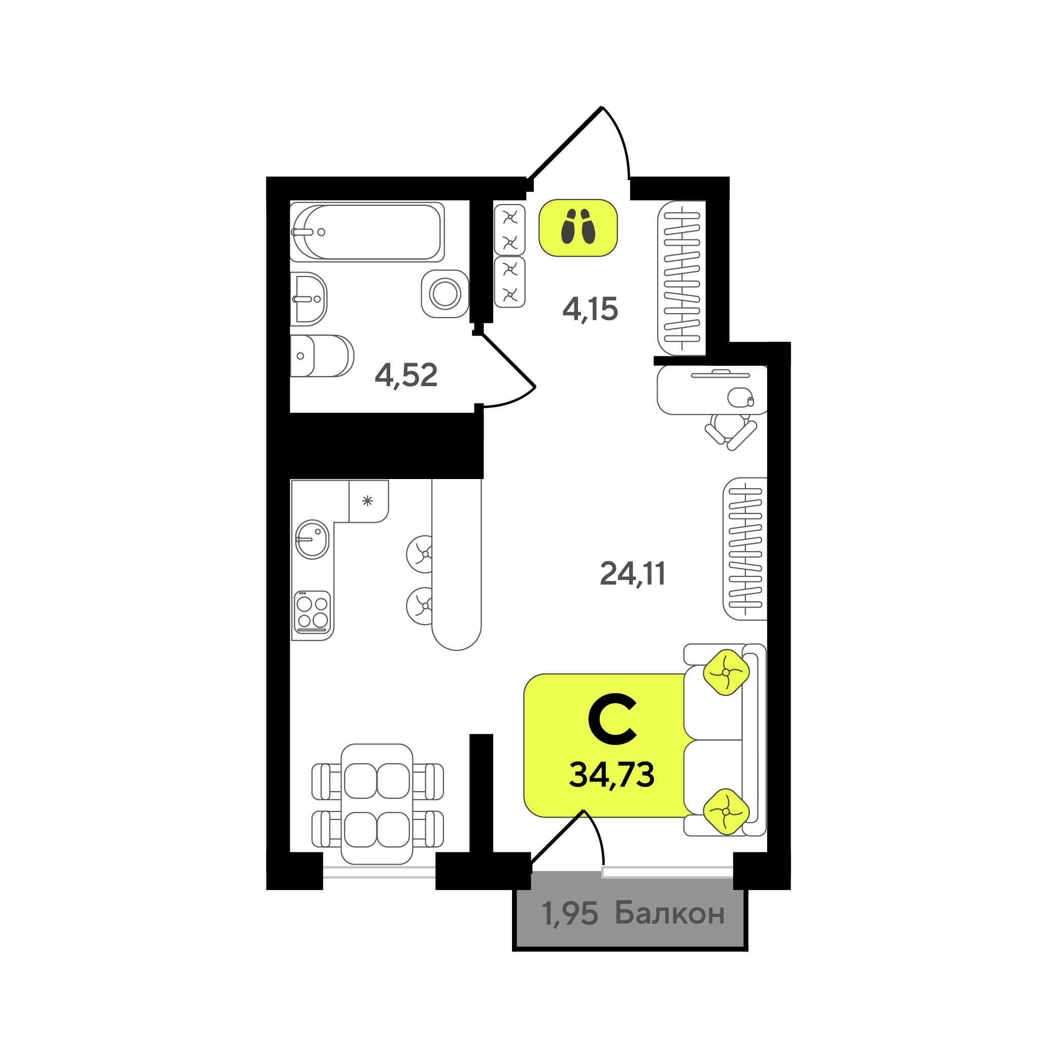 Планировка: Студия 34.7 м² в ЖК Окинава, 5-й Заречный