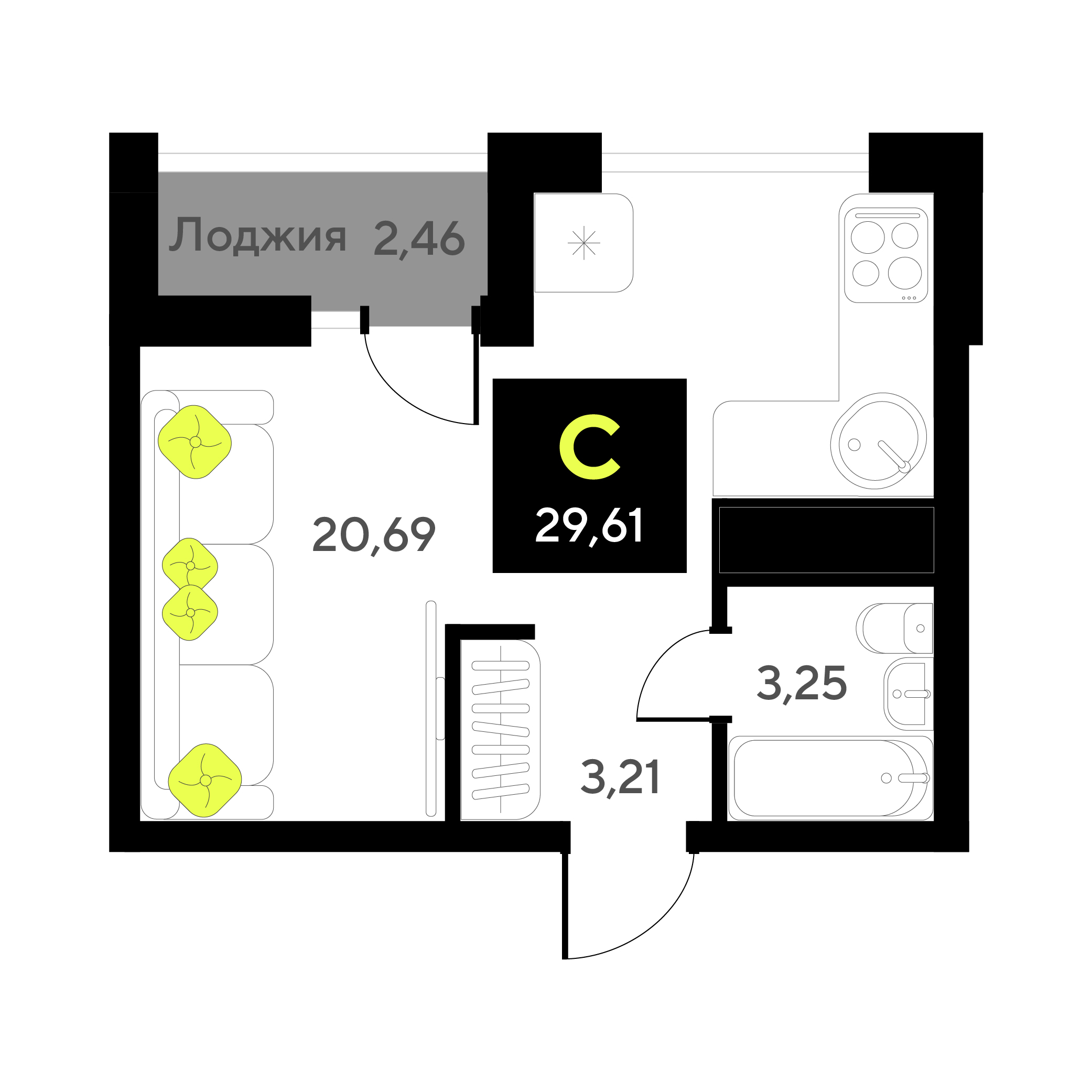 Планировка: Студия 29.6 м² в ЖК Окинава, 5-й Заречный