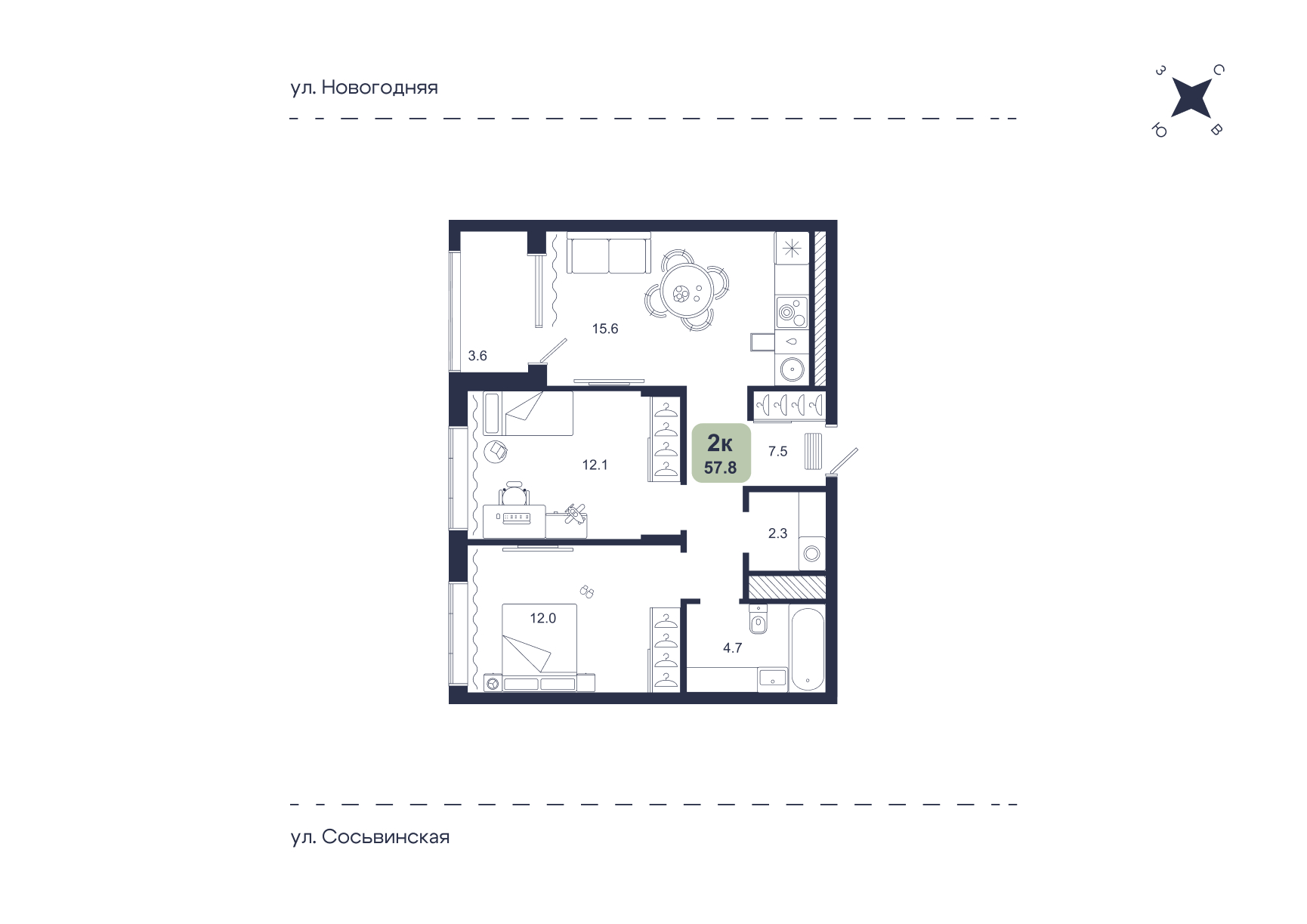 Планировка: Евротрешка 57.8 м² в ЖК Свой, Югра