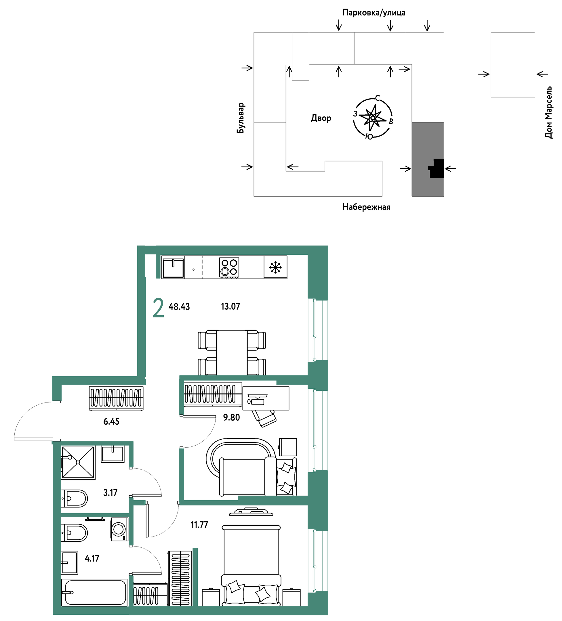 Планировка: Формат уточняется 48.4 м² в ЖК Европейский берег 2.0, Европейский