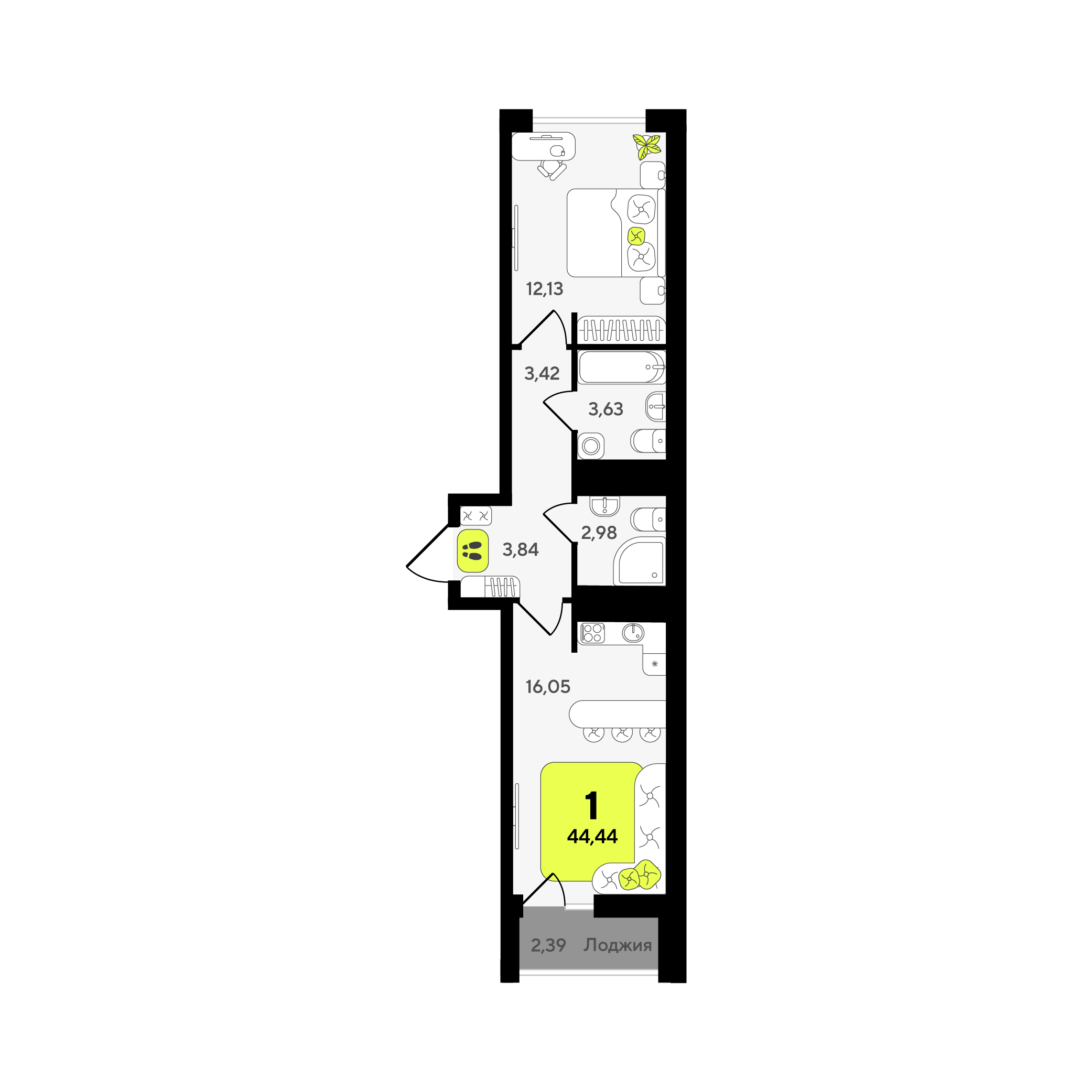 Планировка: Евродвушка 44.4 м² в ЖК Окинава, 5-й Заречный