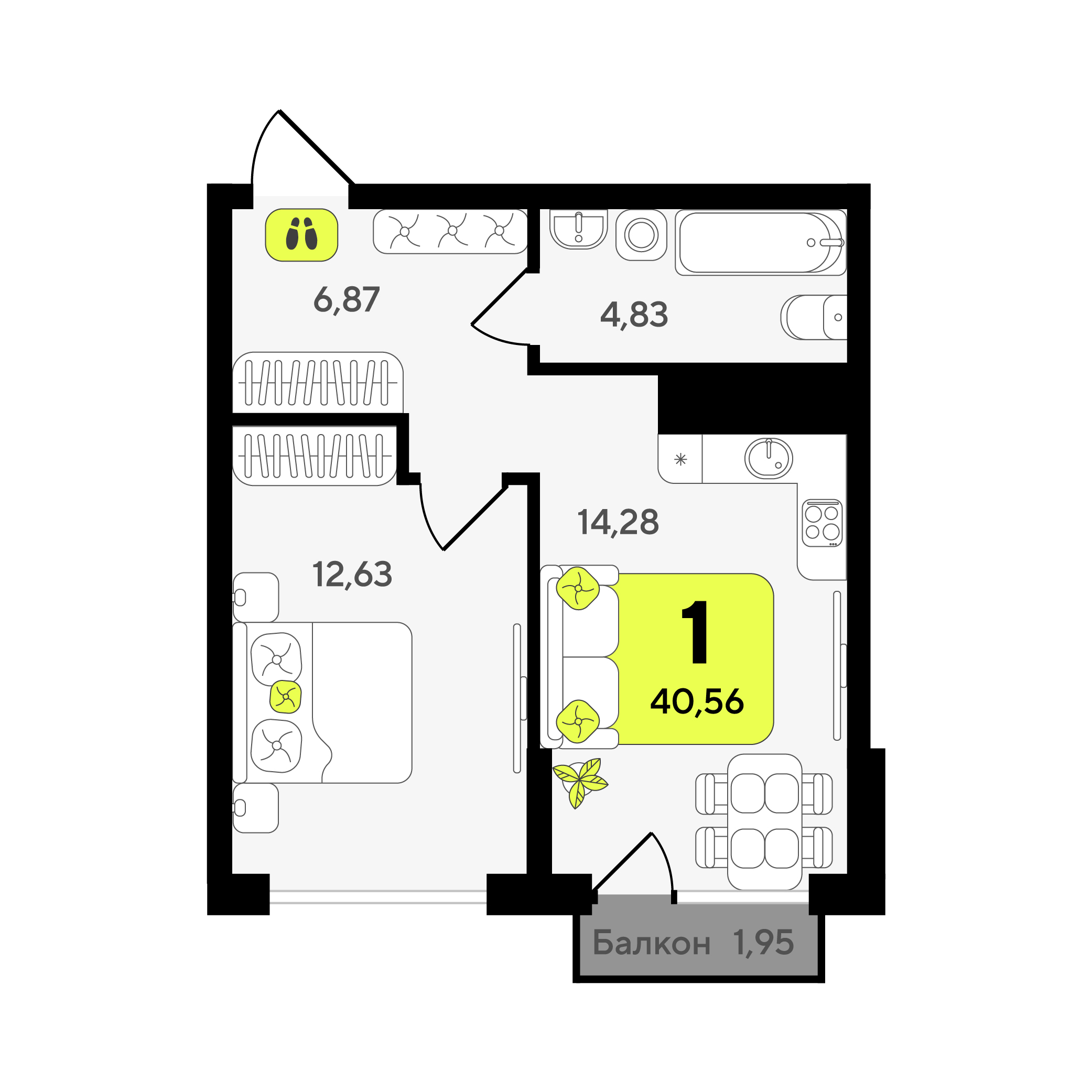 Планировка: Евродвушка 40.6 м² в ЖК Окинава, 5-й Заречный