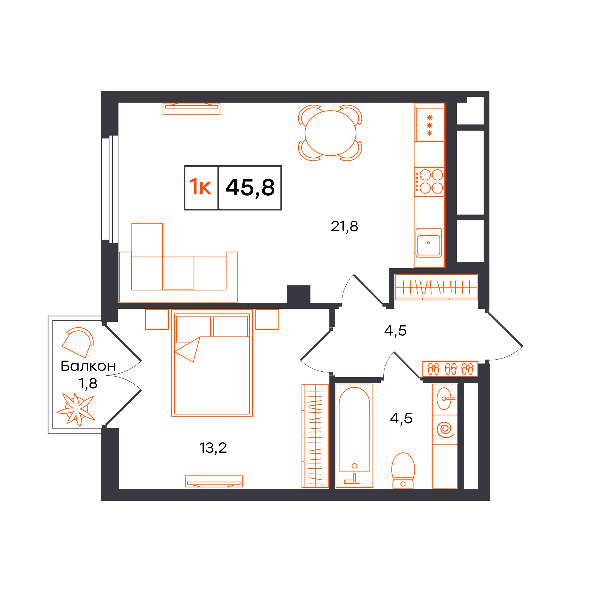 Планировка: Евродвушка 45.8 м² в ЖК Отличие, Комарово Парк