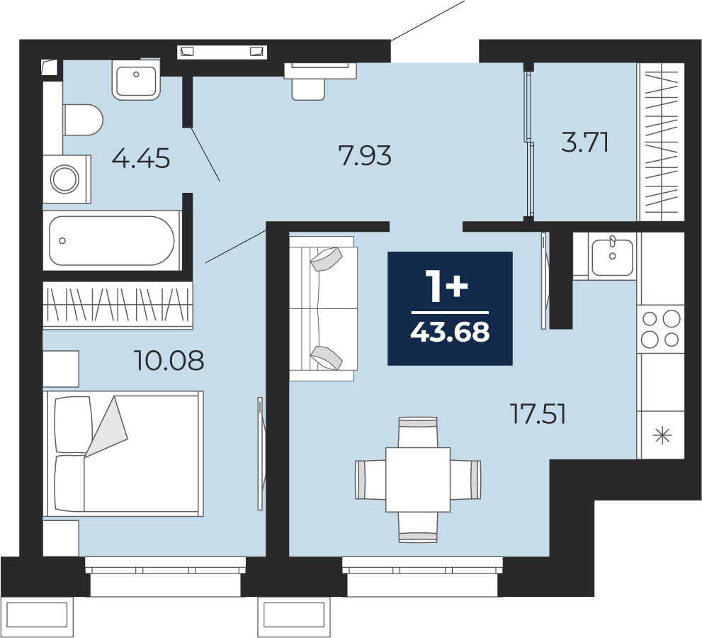 Планировка: Евродвушка 43.7 м² в ЖК Беринг, Лесобаза