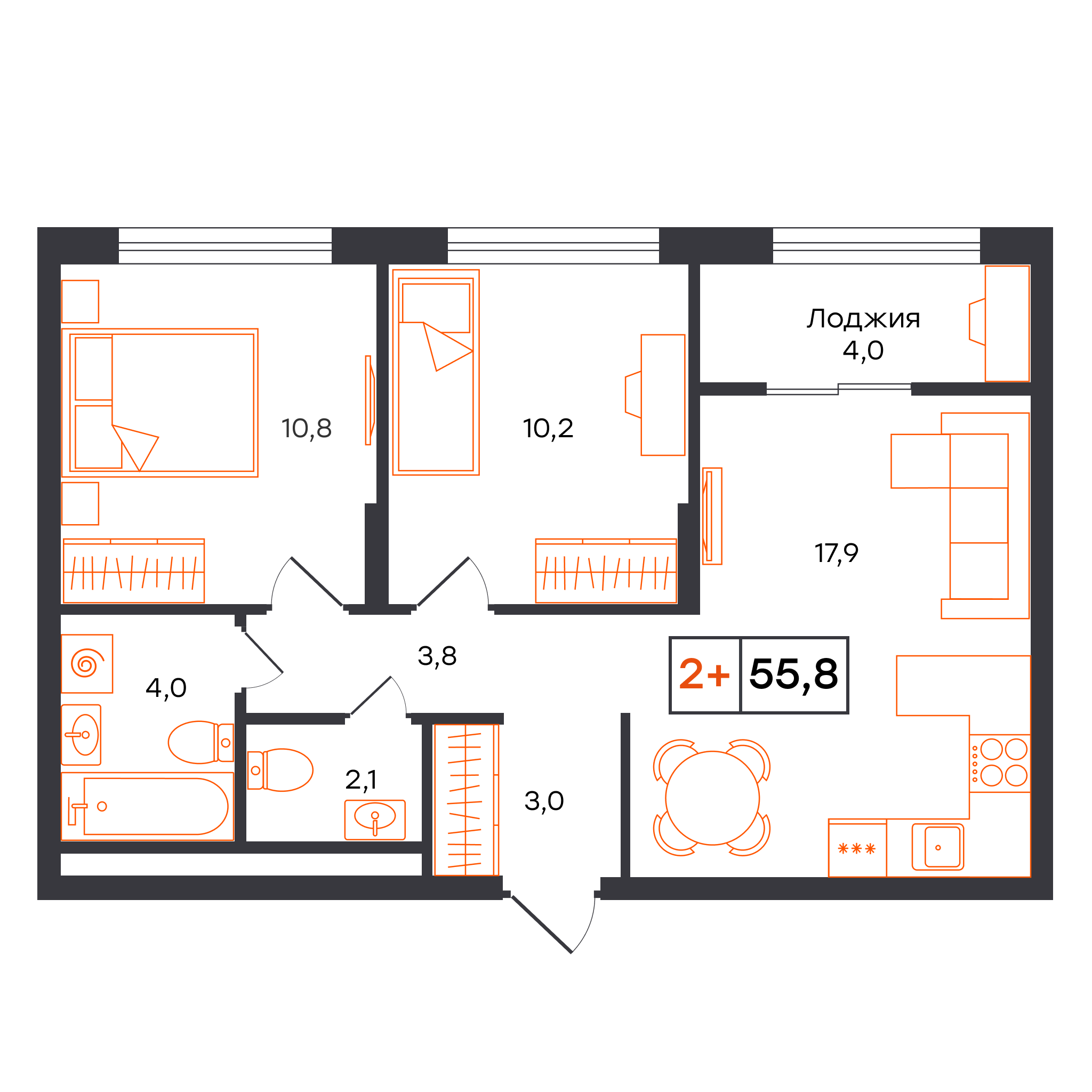 Планировка: 2-комнатная 55.8 м² в ЖК Умный квартал UNO, Московский тракт