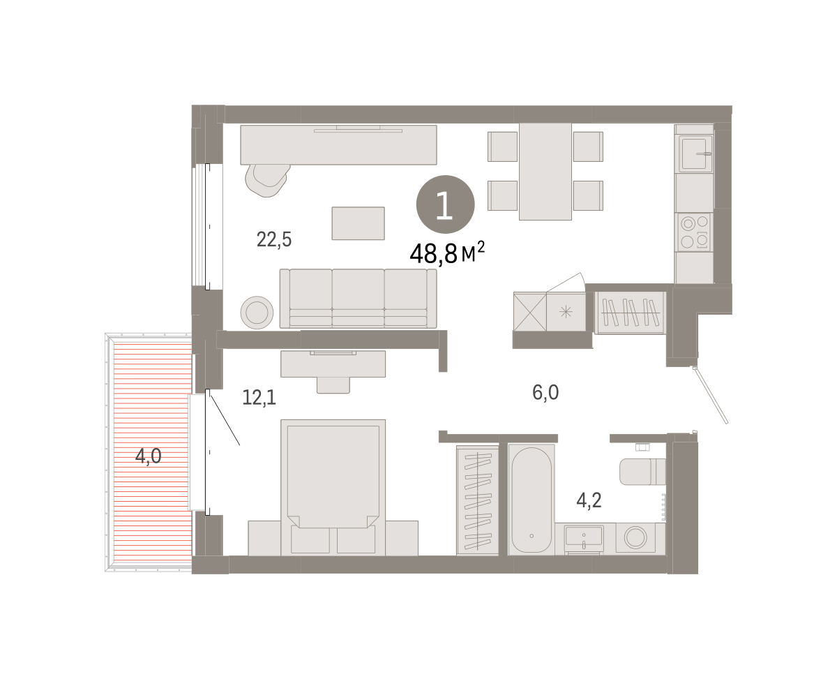Планировка: Евродвушка 48.8 м² в ЖК На Минской, Центр: Драмтеатр