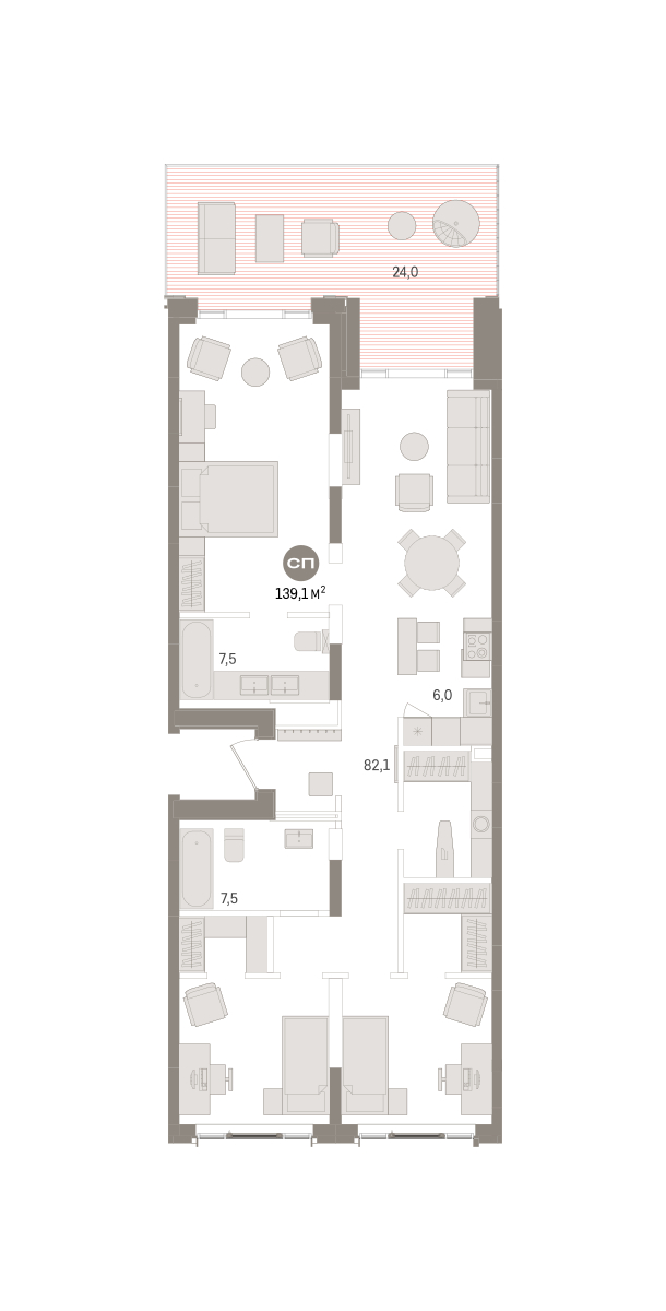 Планировка: Евротрешка 139.1 м² в ЖК Речной порт, Центр: Дом печати