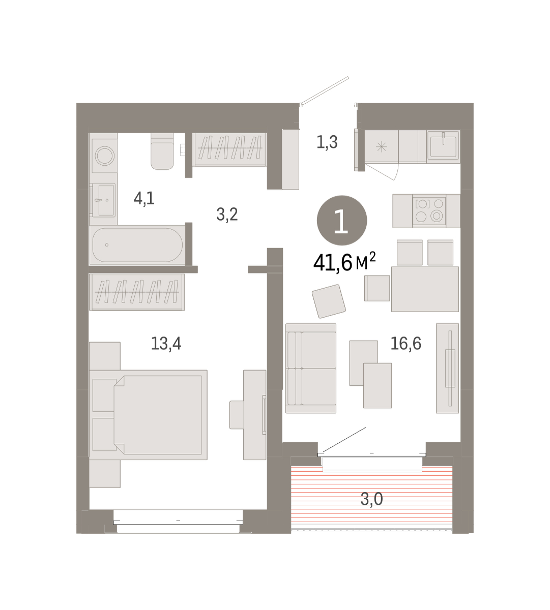 Планировка: Евродвушка 41.6 м² в ЖК На Минской, Центр: Драмтеатр