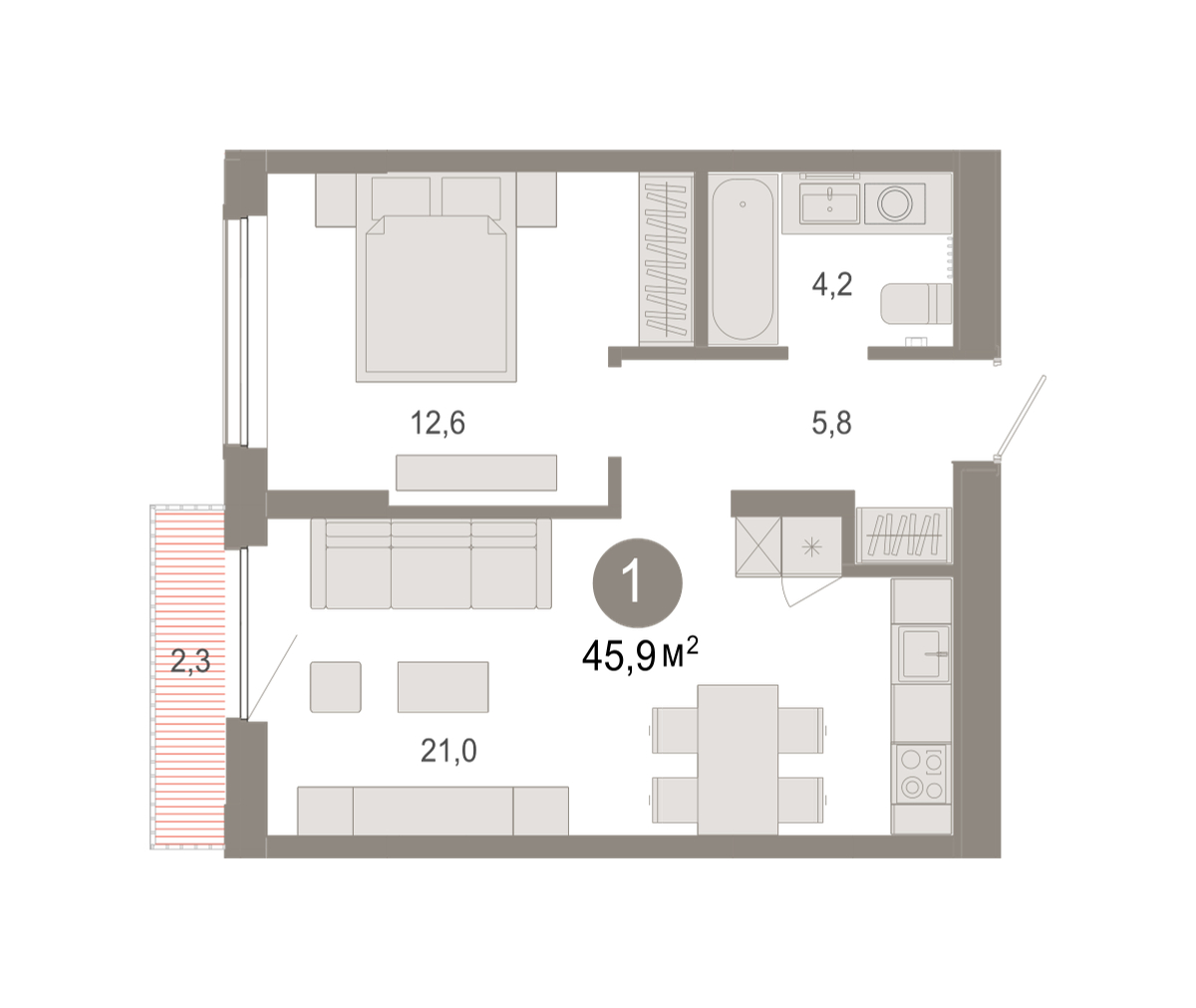 Планировка: Евродвушка 45.9 м² в ЖК Октябрьский на Туре, ДОК