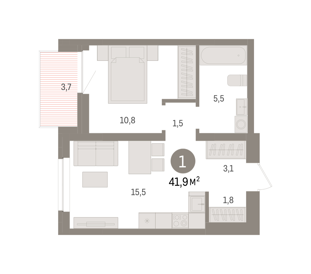Планировка: Евродвушка 41.9 м² в ЖК Речной порт, Центр: Дом печати