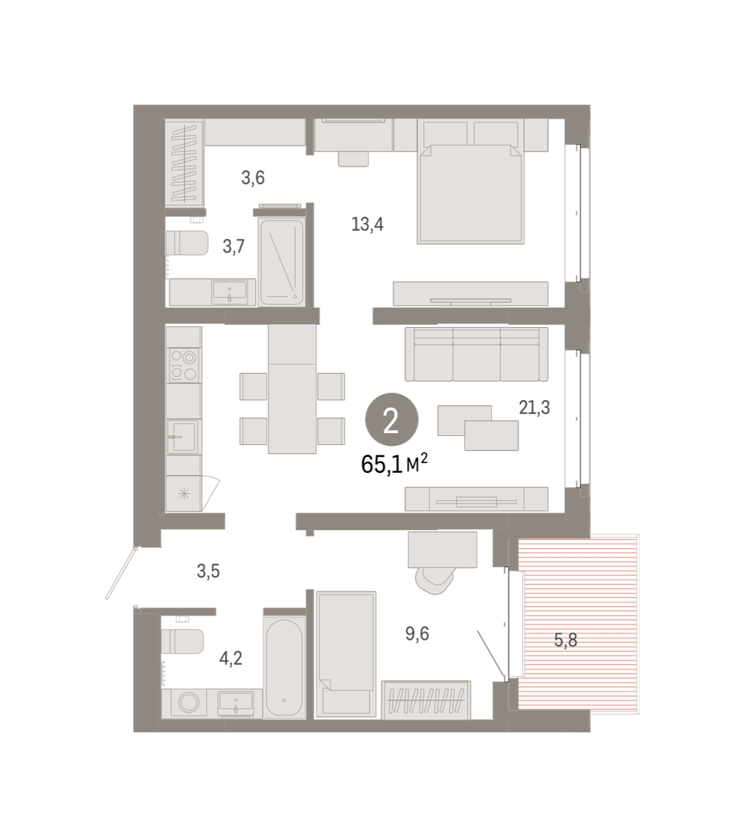 Планировка: Евротрешка 65.1 м² в ЖК На Минской, Центр: Драмтеатр