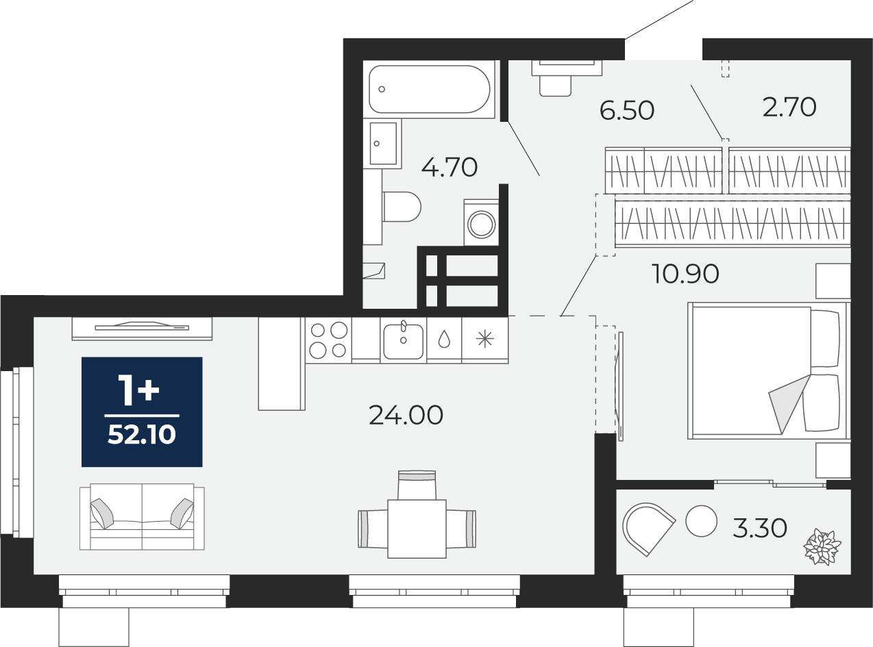 Планировка: Евродвушка 48.8 м² в ЖК Айвазовский, 5-й Заречный