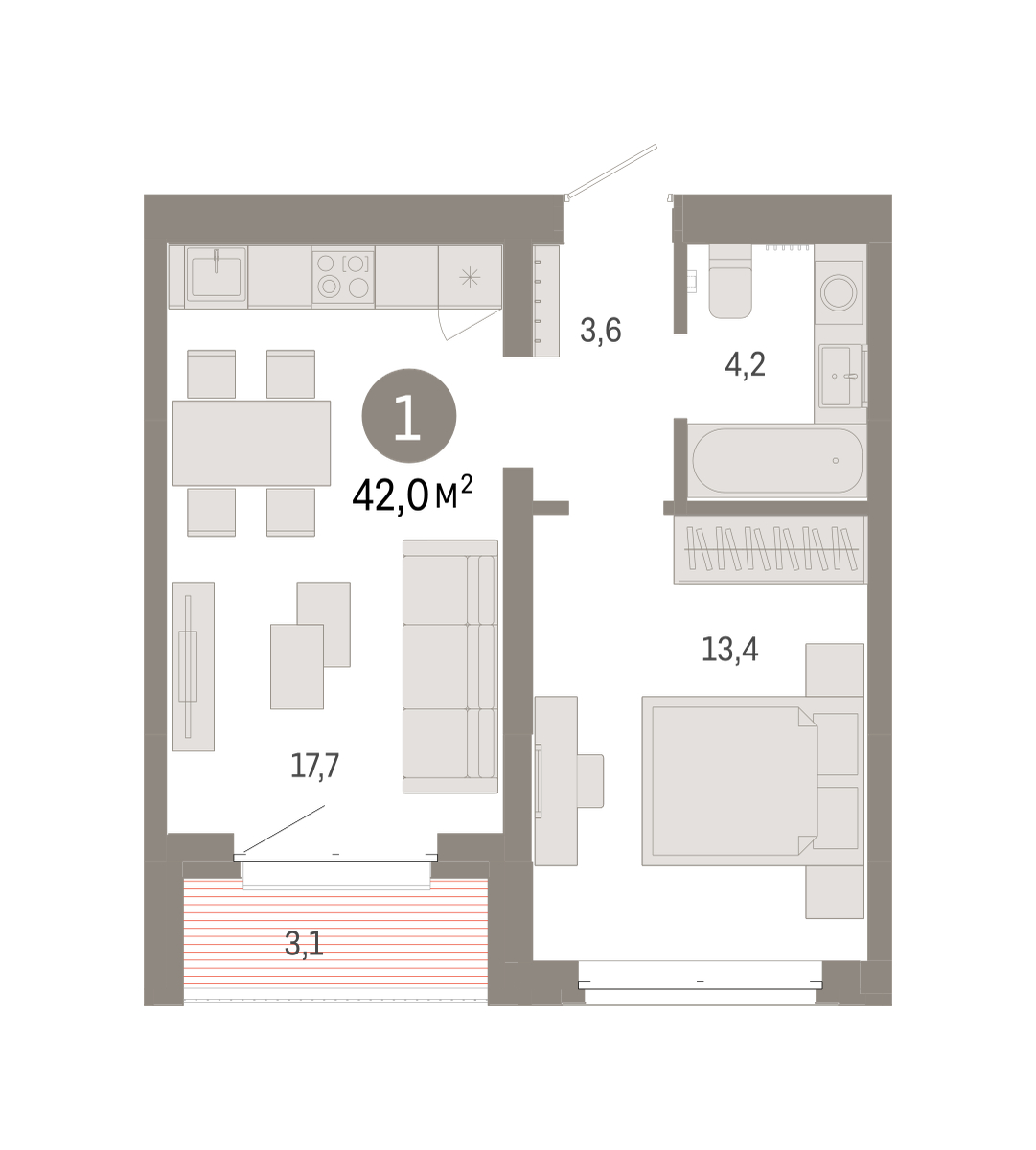 Планировка: Евродвушка 42 м² в ЖК На Минской, Центр: Драмтеатр