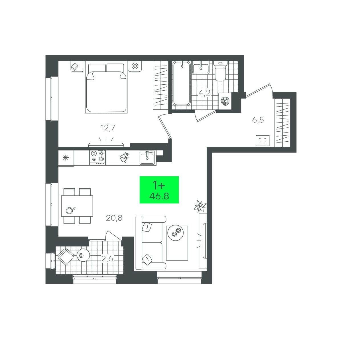 Планировка: Формат уточняется 46.8 м² в ЖК Сезоны, От Слободы до Комарово парк