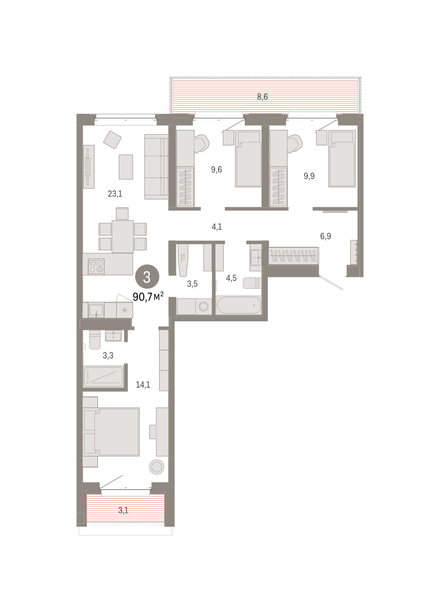 Планировка: 4-комнатная евро 90.7 м² в ЖК На Минской, Центр: Драмтеатр