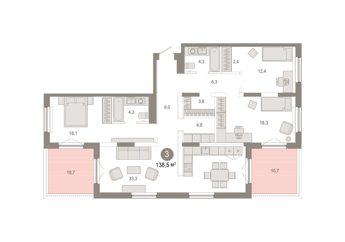 Планировка: 4-комнатная евро 138.5 м² в ЖК Октябрьский на Туре, ДОК