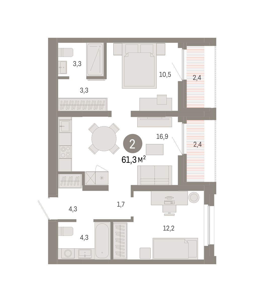 Планировка: Евротрешка 62.7 м² в ЖК Зарека, Заречный