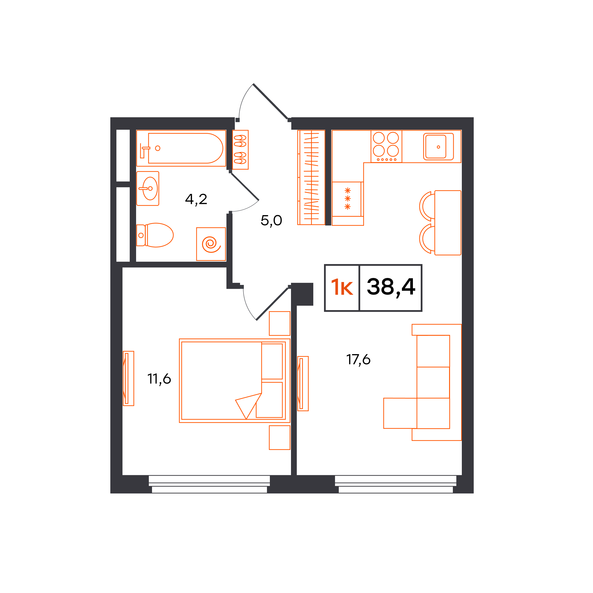 Планировка: Евродвушка 38.4 м² в ЖК Отличие, Комарово Парк