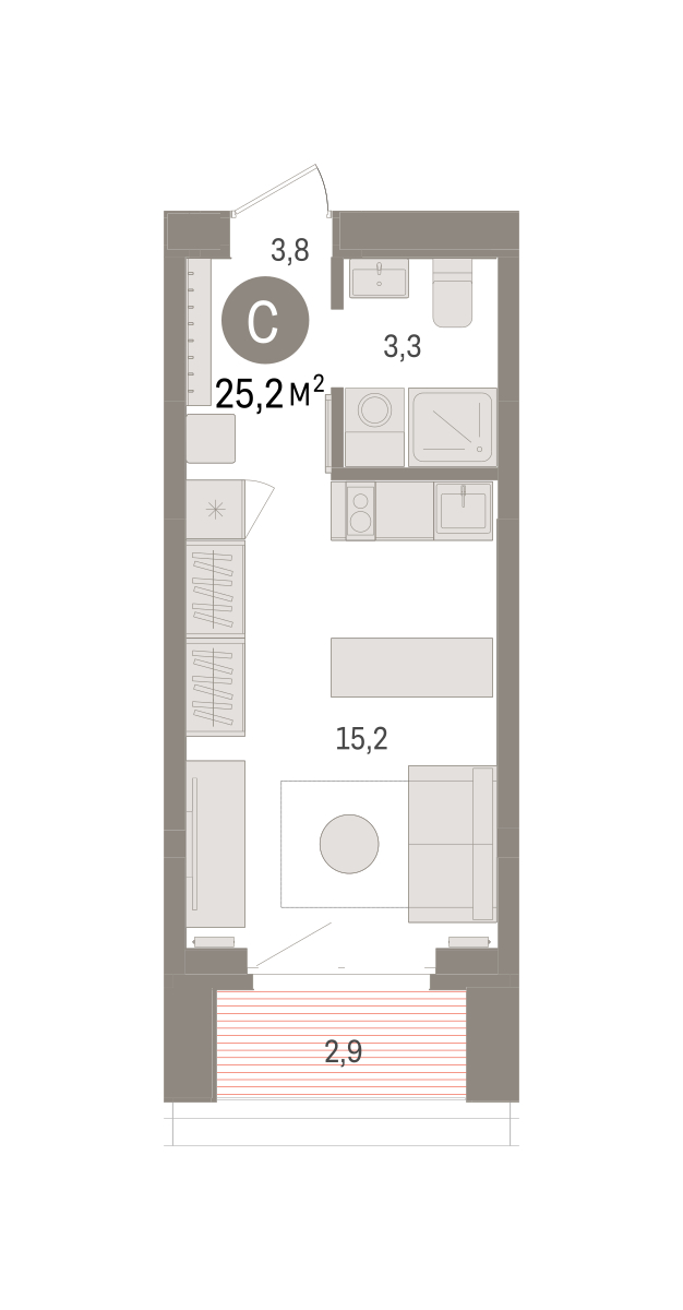 Планировка: Студия 25.2 м² в ЖК На Минской, Центр: Драмтеатр
