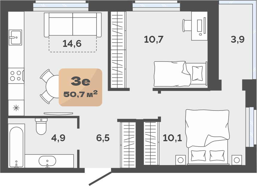 Планировка: Евротрешка 48.8 м² в ЖК Баланс, Воровского