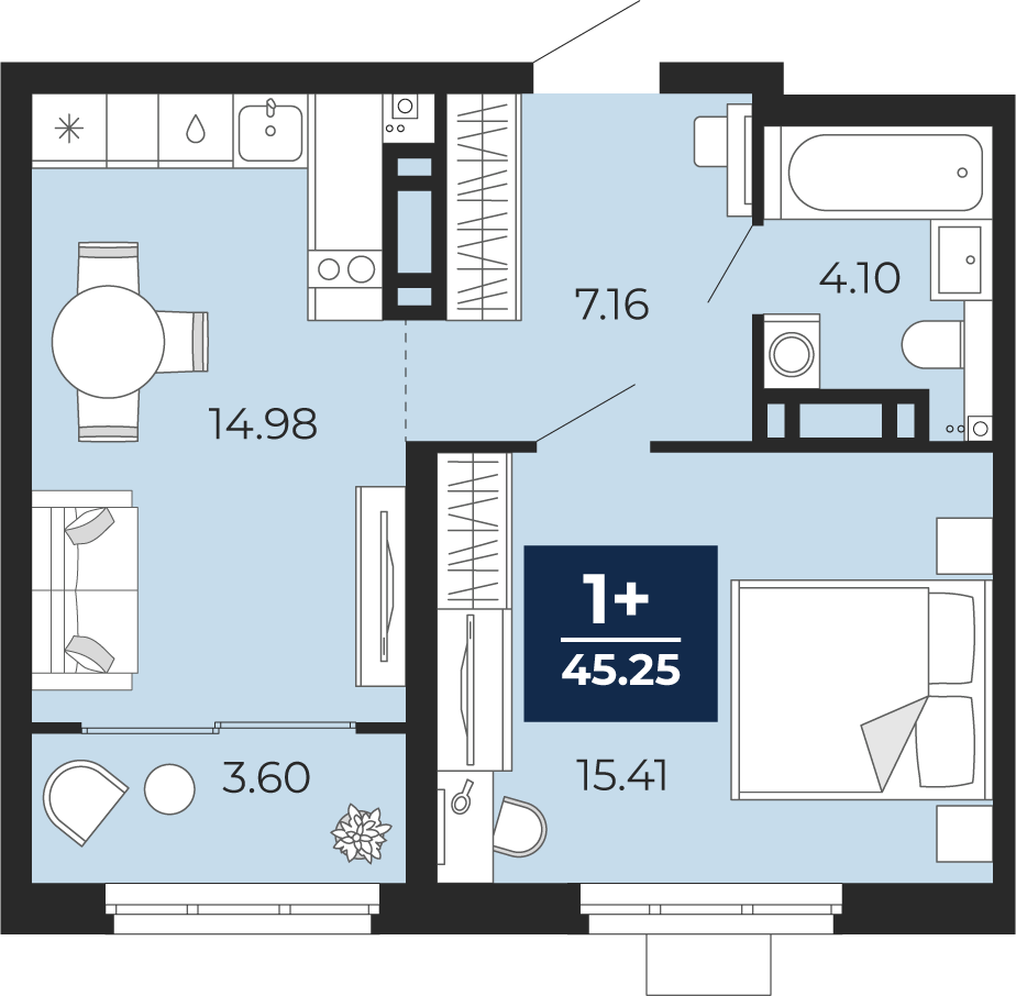 Планировка: Евродвушка 41.6 м² в ЖК Прео, Тюменская слобода