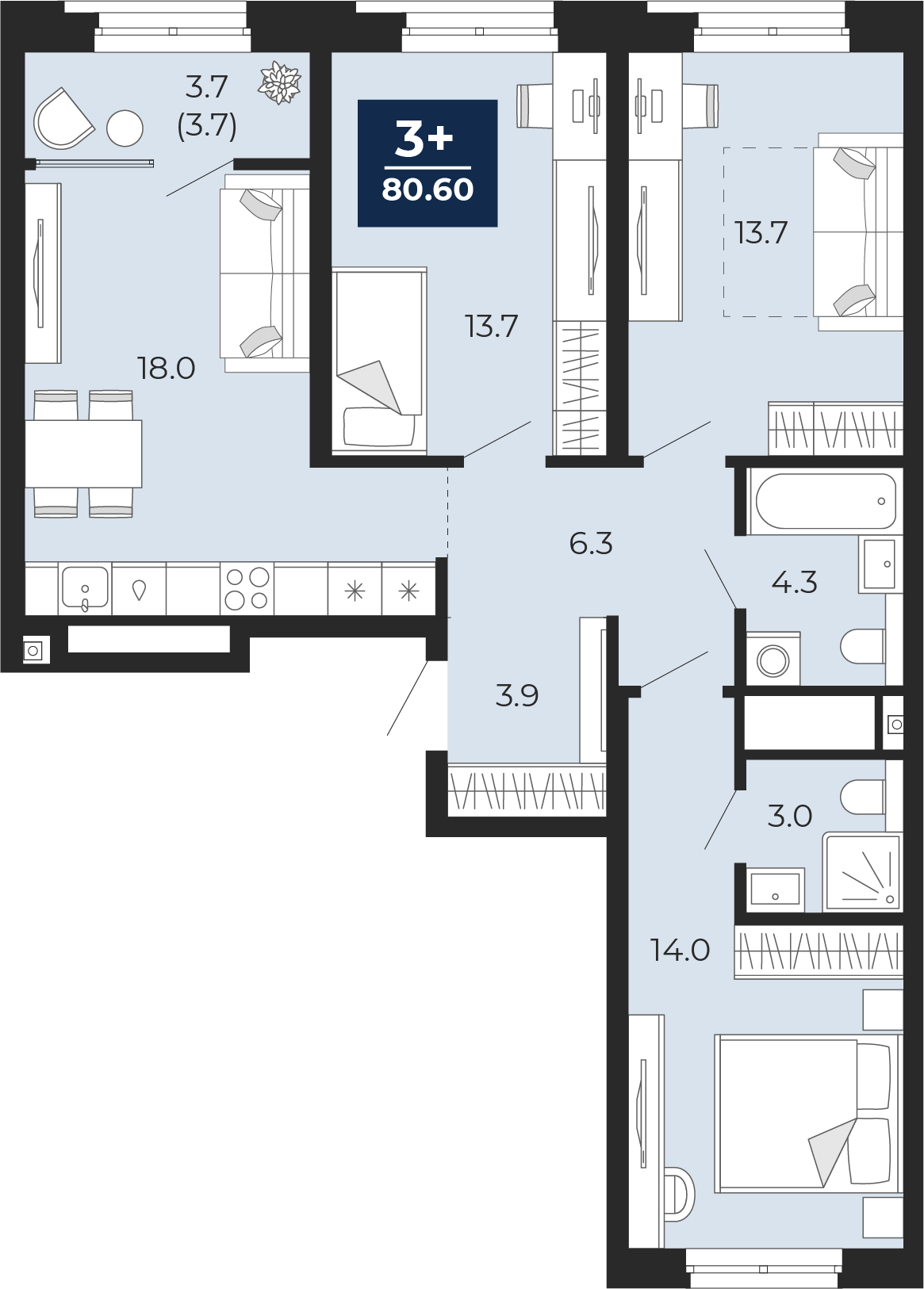 Планировка: 4-комнатная евро 80.6 м² в ЖК Мириады, Мыс
