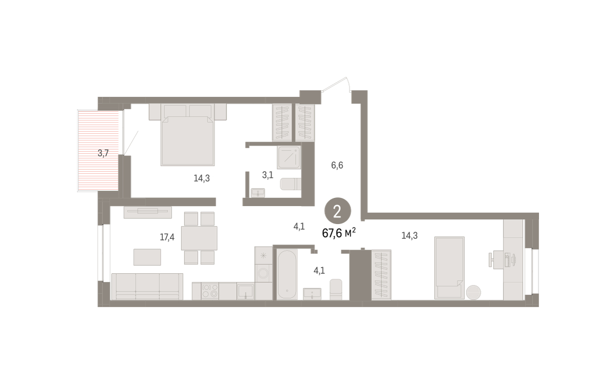 Планировка: Евротрешка 67.6 м² в ЖК Речной порт, Центр: Дом печати