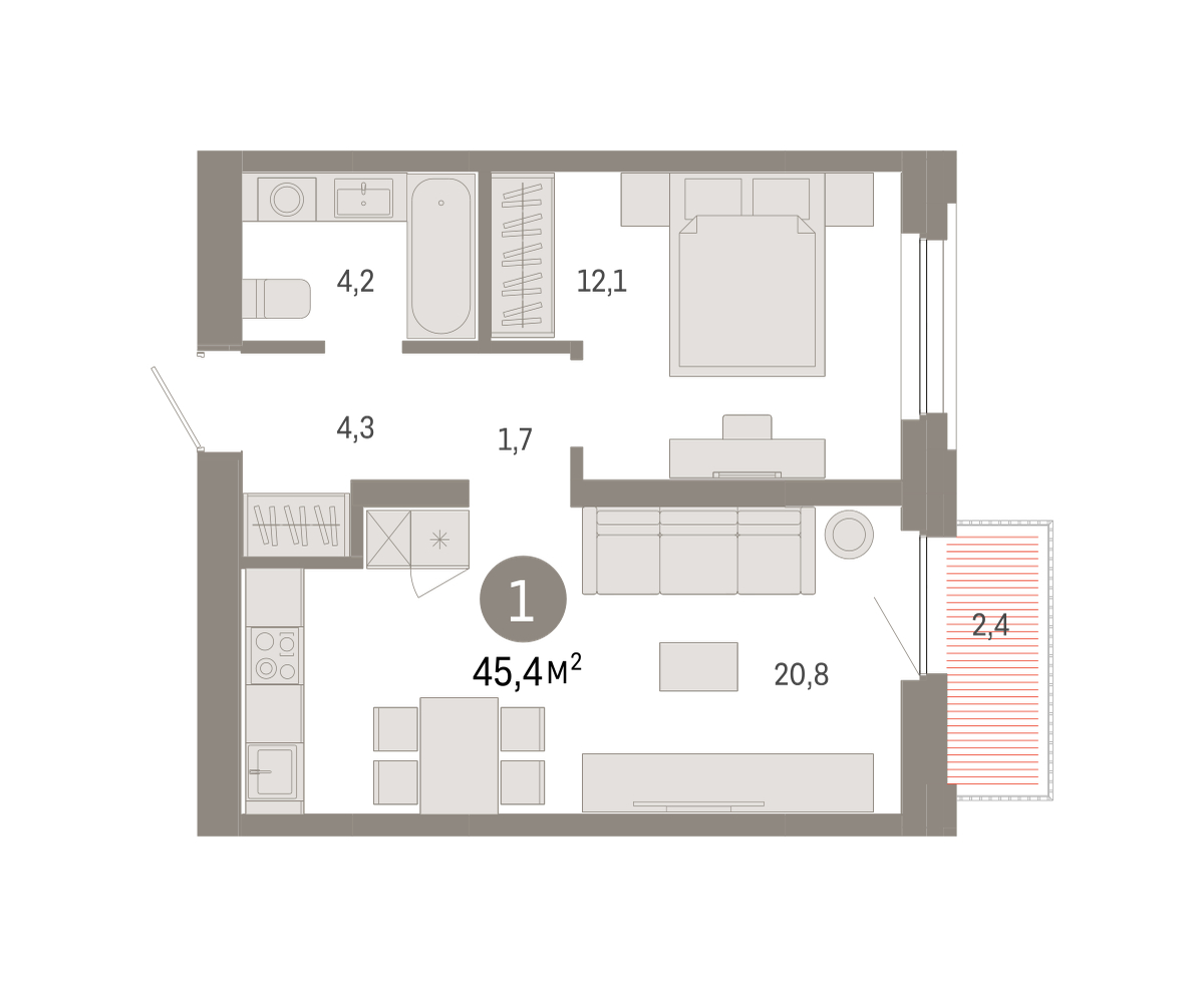 Планировка: Евродвушка 45.4 м² в ЖК Зарека, Заречный