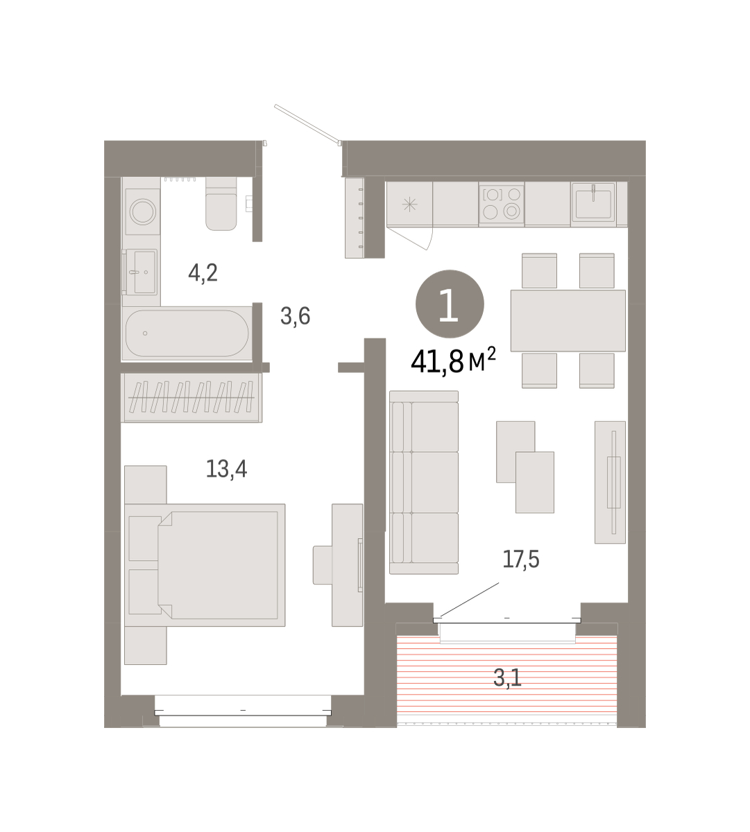 Планировка: Евродвушка 41.8 м² в ЖК На Минской, Центр: Драмтеатр