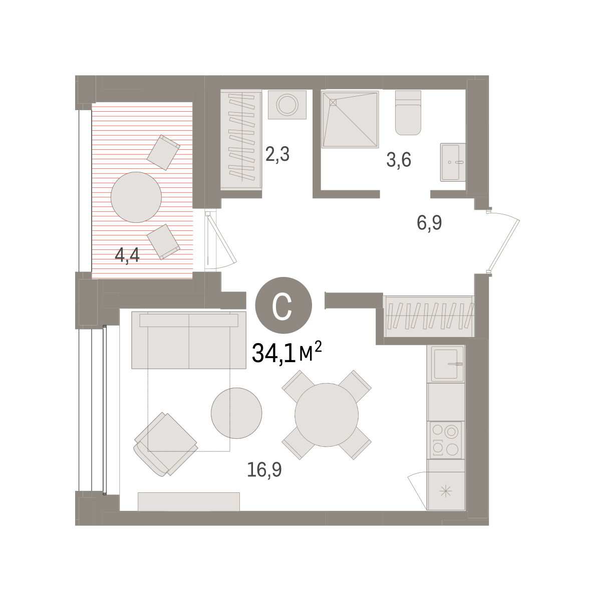 Планировка: Студия 34.1 м² в ЖК Дом у озера, Европейский