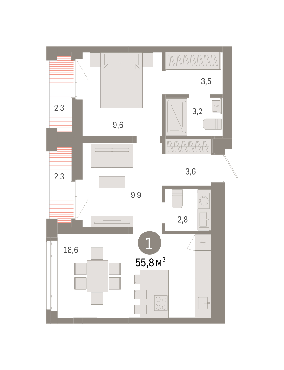 Планировка: Евродвушка 55.8 м² в ЖК Республики 205, Центр: КПД