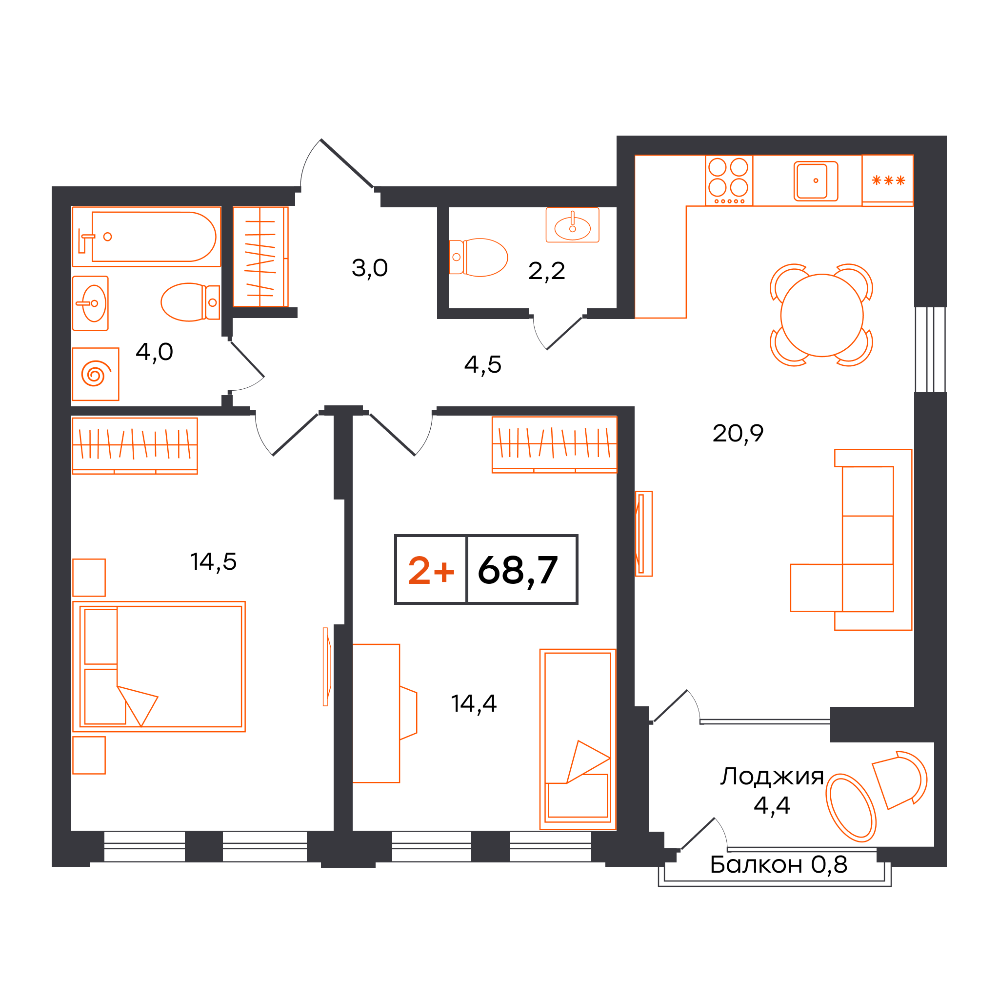 Планировка: Евротрешка 68.7 м² в ЖК Умный квартал UNO, Московский тракт