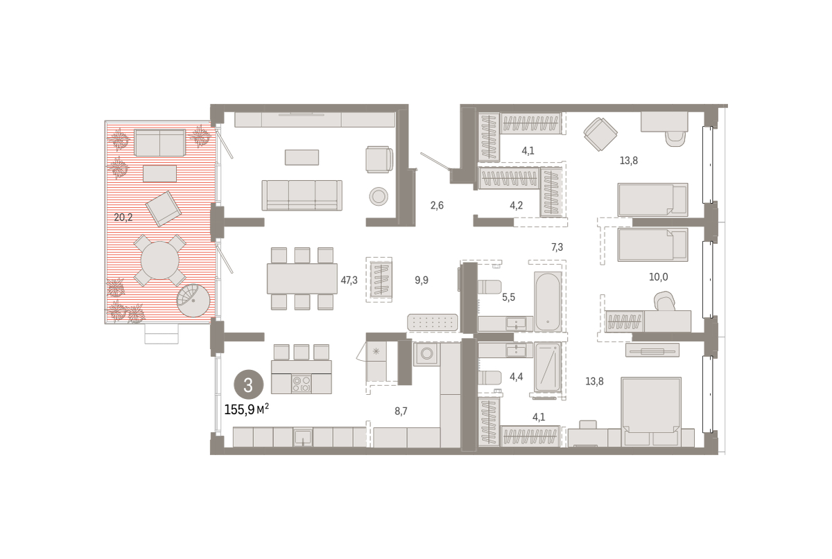 Планировка: 2-комнатная 155.8 м² в ЖК На Минской, Центр: Драмтеатр