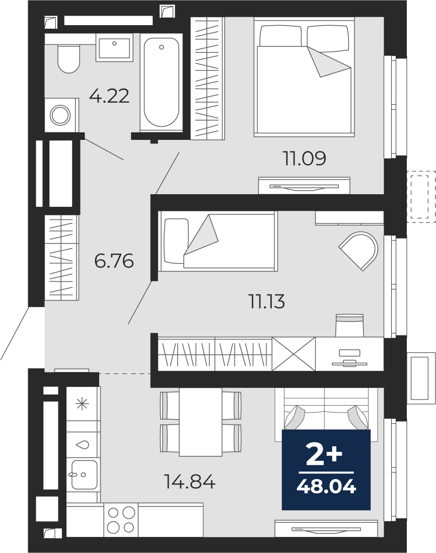 Планировка: Евротрешка 48 м² в ЖК Беринг, Лесобаза