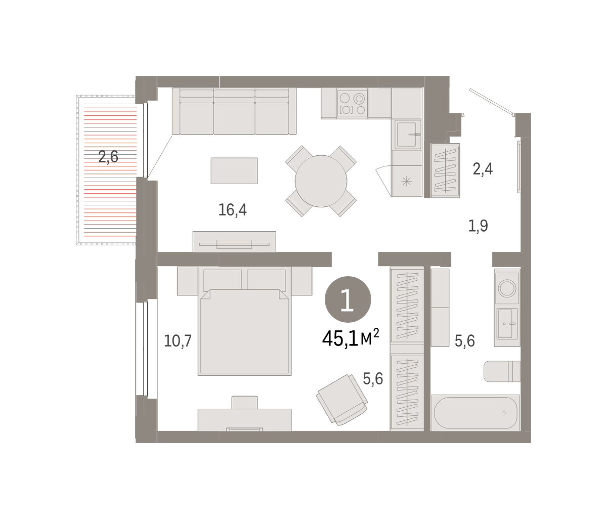 Планировка: Евродвушка 45.1 м² в ЖК Зарека, Заречный