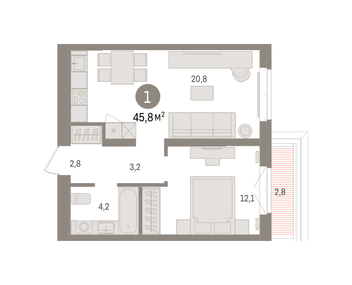 Планировка: Евродвушка 45.8 м² в ЖК На Минской, Центр: Драмтеатр