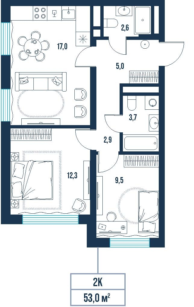 Планировка: Формат уточняется 53 м² в ЖК AIRIS, Комарово Парк