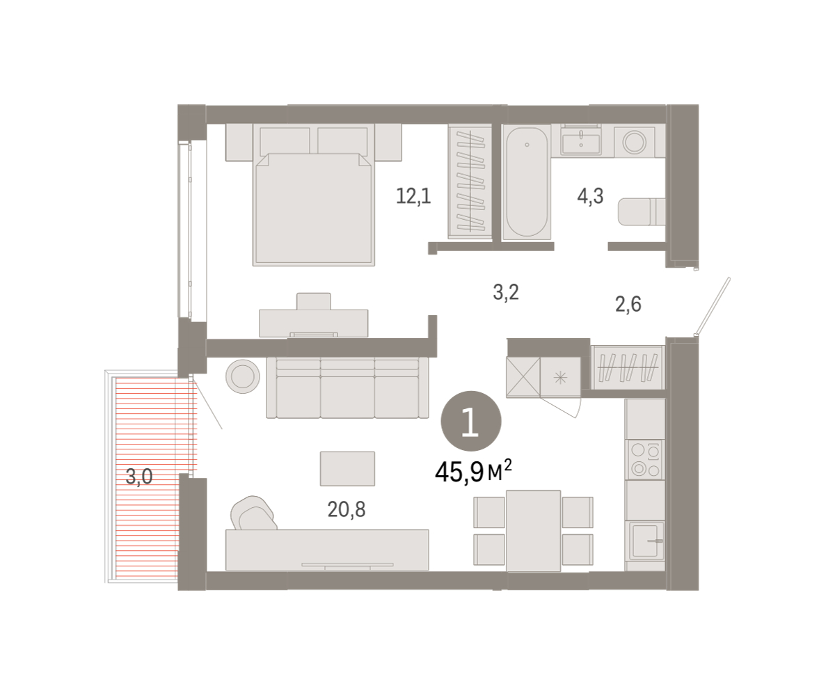 Планировка: Евродвушка 45.9 м² в ЖК Республики 205, Центр: КПД