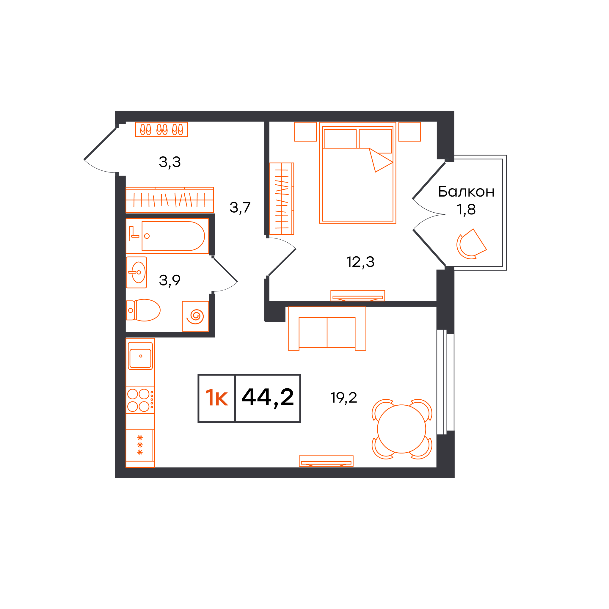 Планировка: Евродвушка 44.2 м² в ЖК Отличие, Комарово Парк