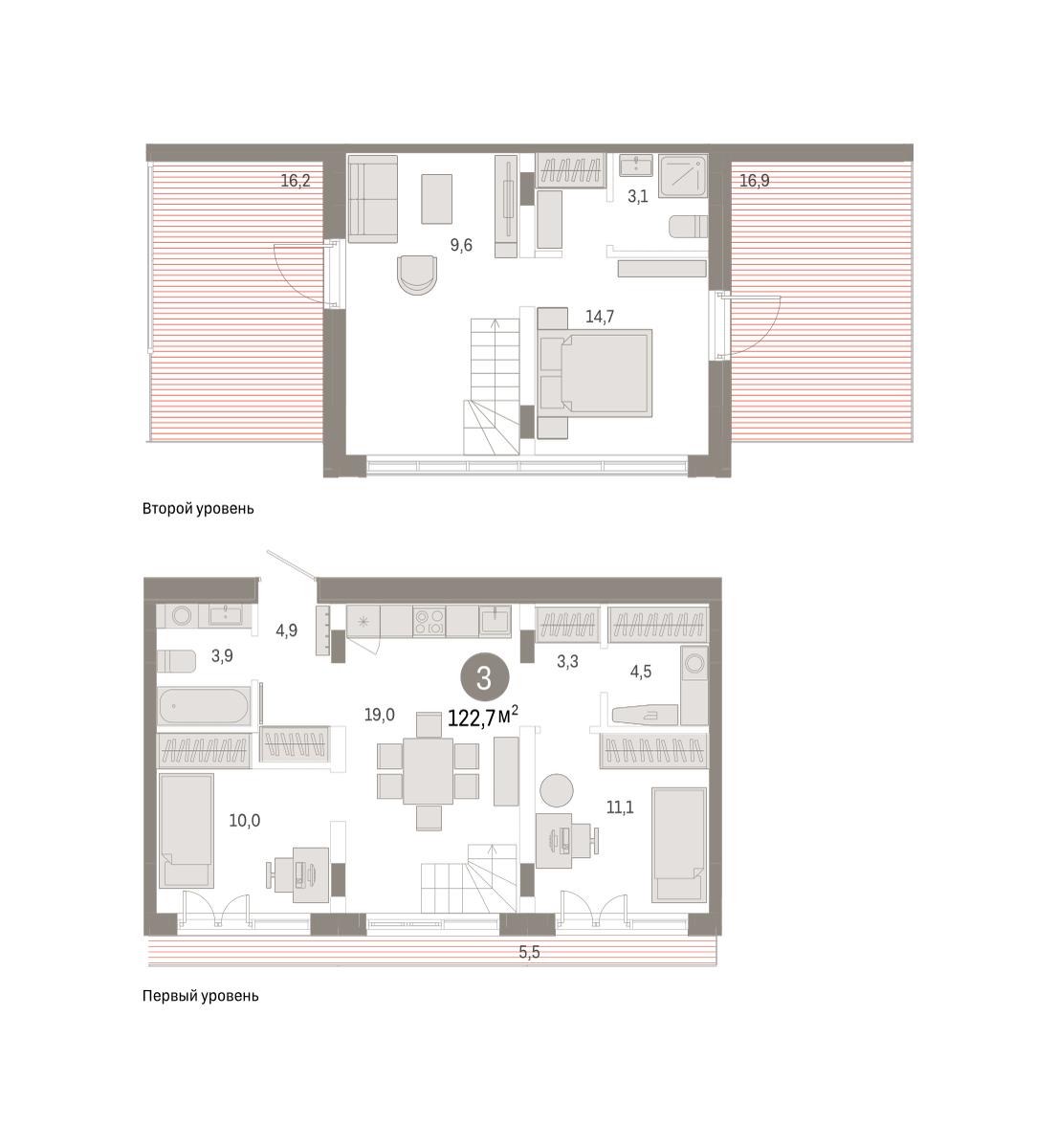 Планировка: 4-комнатная евро 122.7 м² в ЖК Республики 205, Центр: КПД