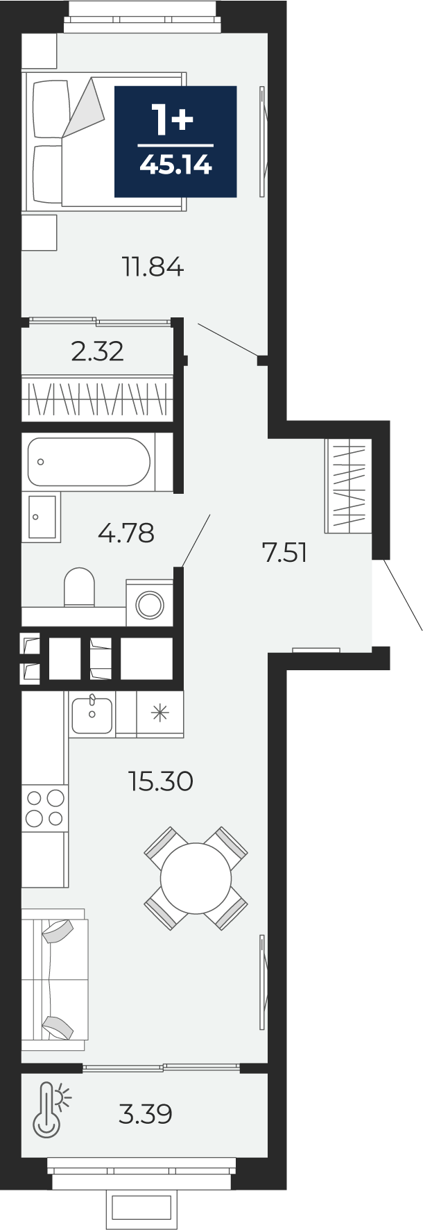 Планировка: Евродвушка 45.1 м² в ЖК Беринг, Лесобаза