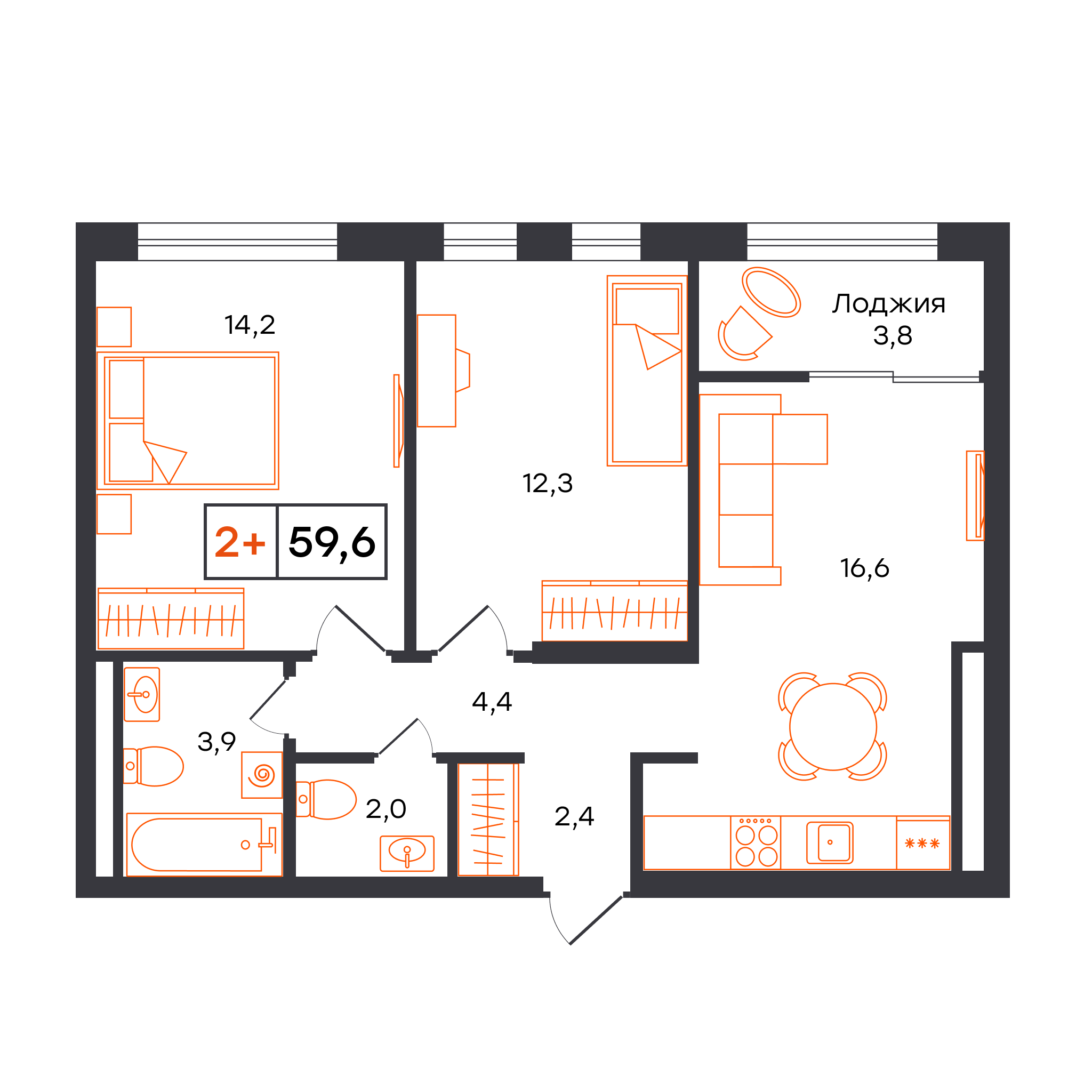 Планировка: Евротрешка 59.6 м² в ЖК Умный квартал UNO, Московский тракт