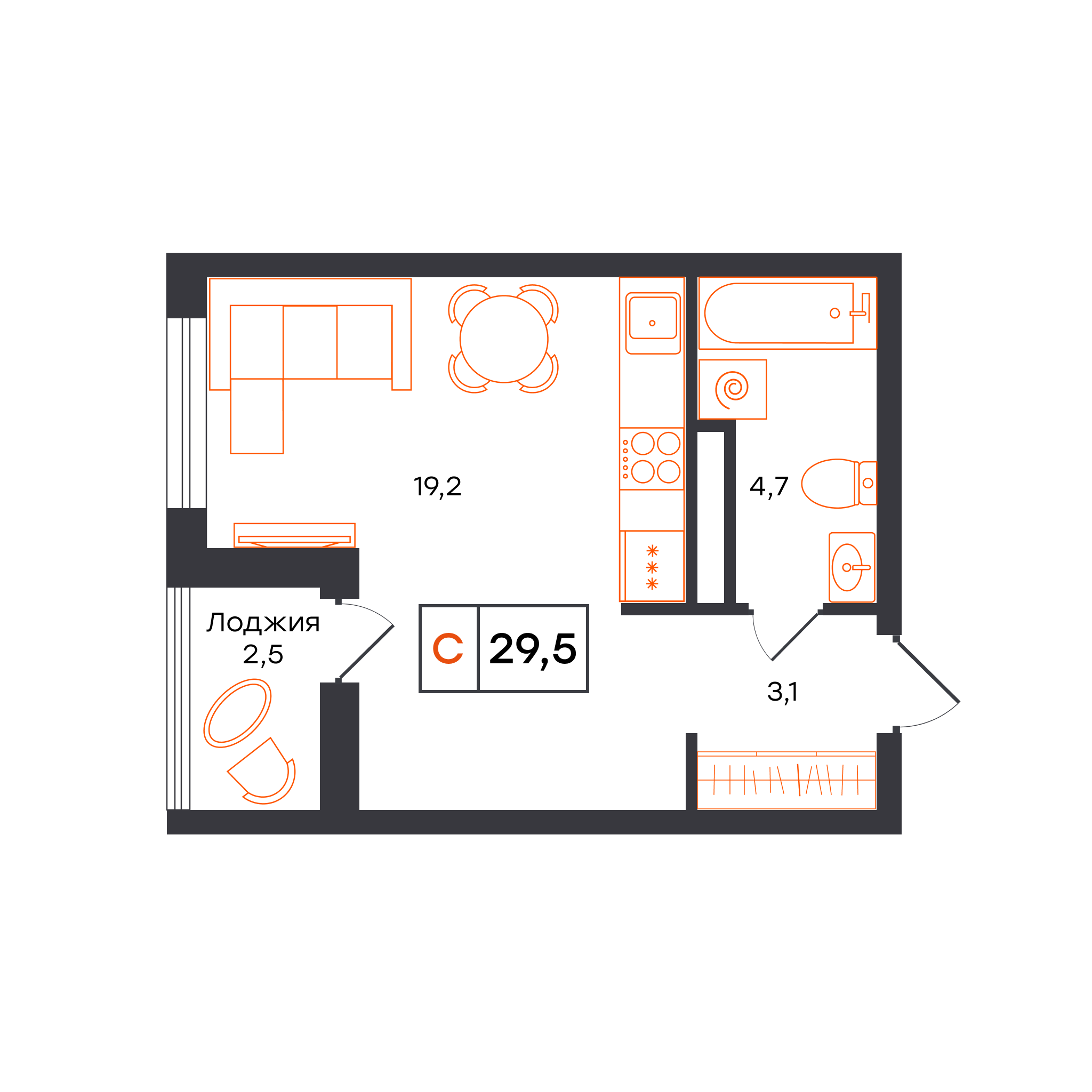 Планировка: Студия 29.5 м² в ЖК Чемпионский, Чемпионский