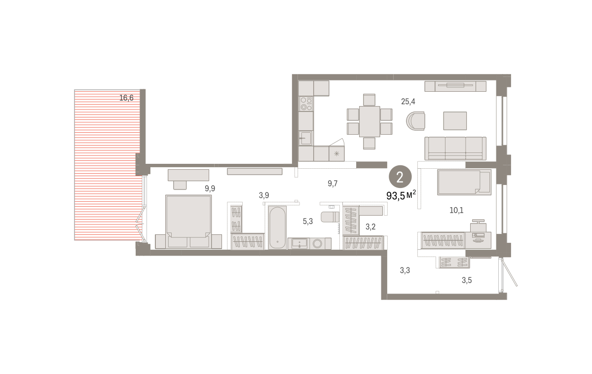 Планировка: Евротрешка 93.5 м² в ЖК Республики 205, Центр: КПД