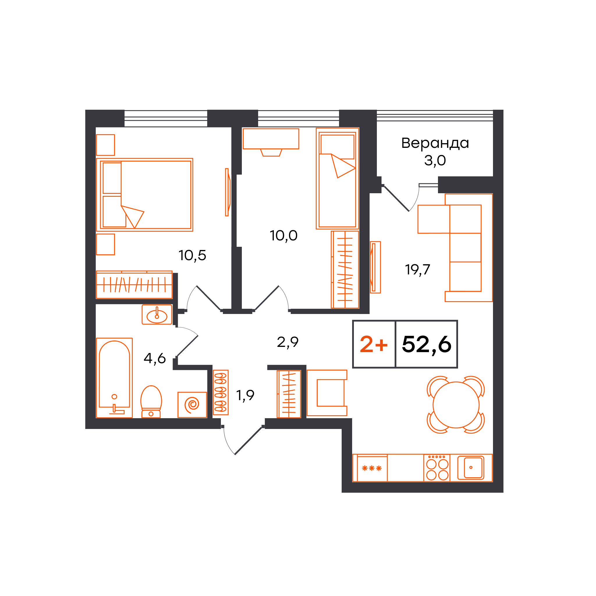 Планировка: Евротрешка 52.6 м² в ЖК Чемпионский, Чемпионский