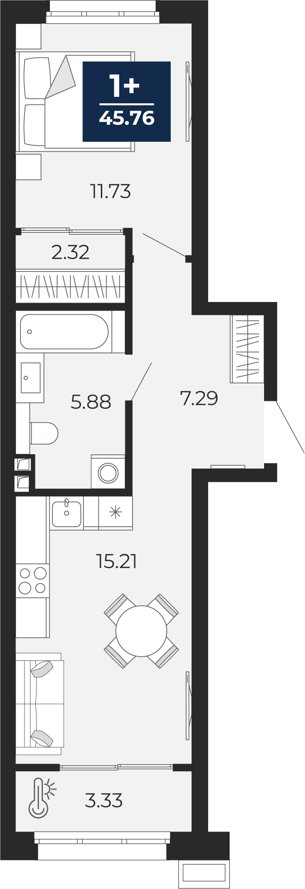 Планировка: Евродвушка 45.8 м² в ЖК Беринг, Лесобаза
