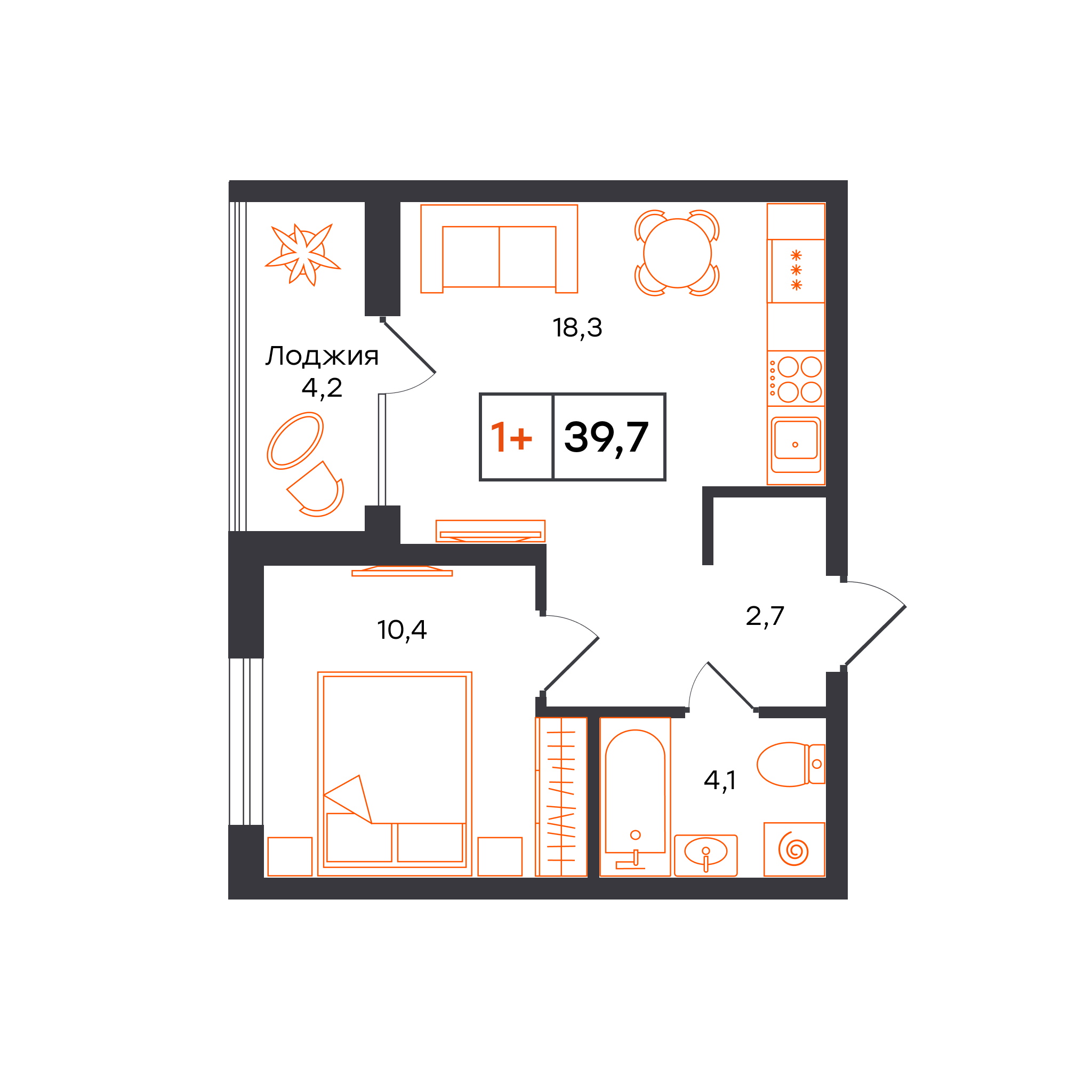 Планировка: Евродвушка 39.7 м² в ЖК Чемпионский, Чемпионский