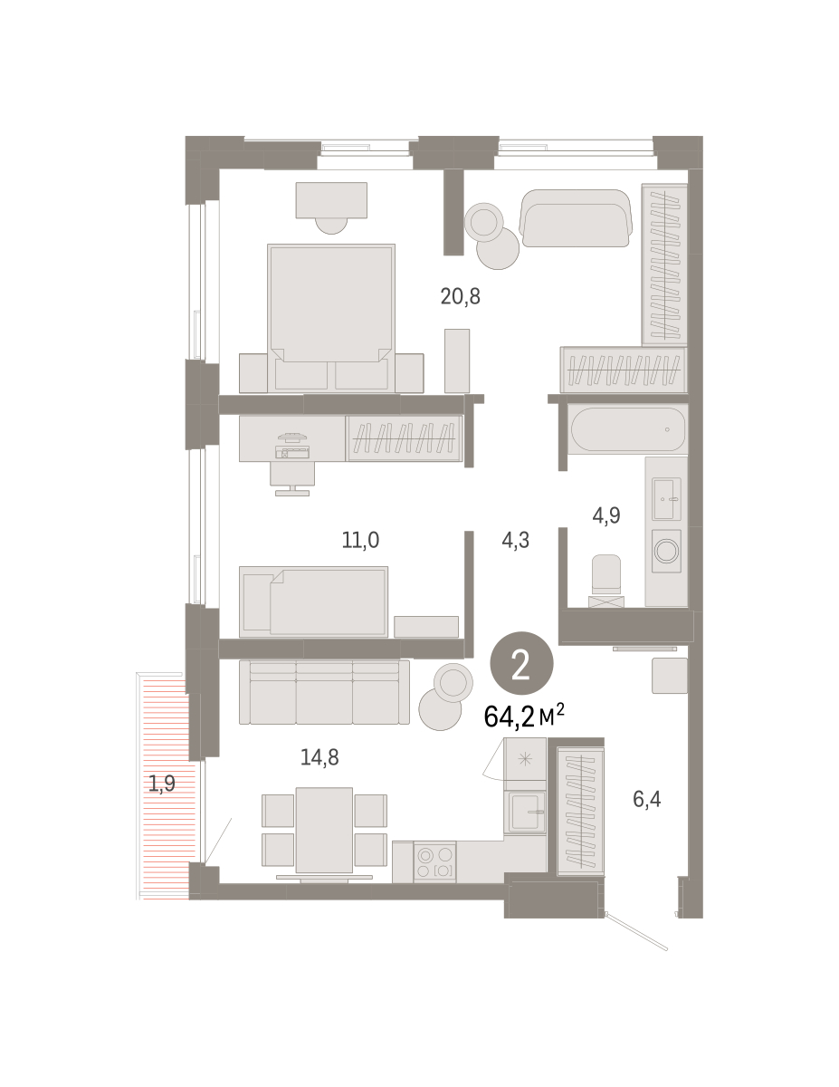 Планировка: Евротрешка 64.2 м² в ЖК Зарека, Заречный