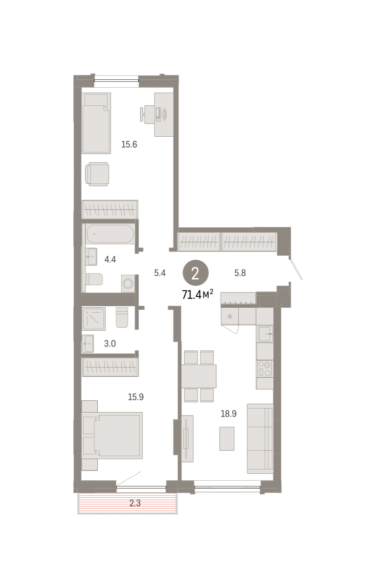 Планировка: Евротрешка 71.4 м² в ЖК Октябрьский на Туре, ДОК