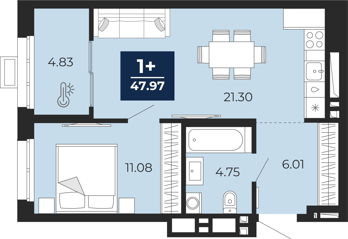 Планировка: Евродвушка 48 м² в ЖК Беринг, Лесобаза